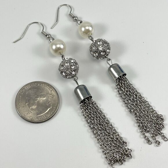 Silver Tone Faux Pearl Chain Tassel Dangle Earrings Fashion Boho Statement - Picture 4 of 7